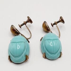 Vintage Egyptian Revival Turquoise Lucite Scarab Dangle Screw Back Earrings